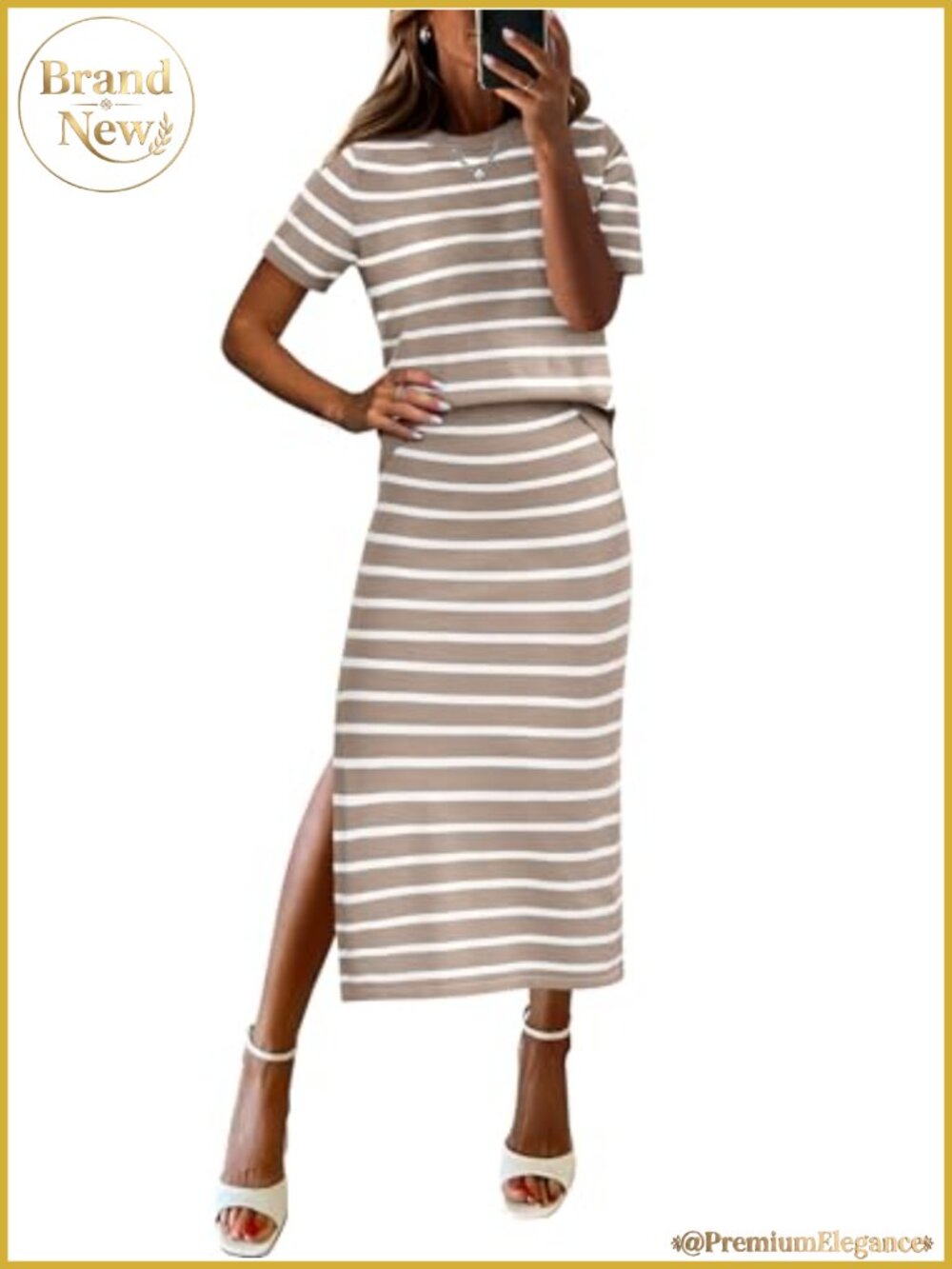 Women's 2 Piece Knit Lounge Set - Striped Sweater & Midi Skirt - Loose Fit